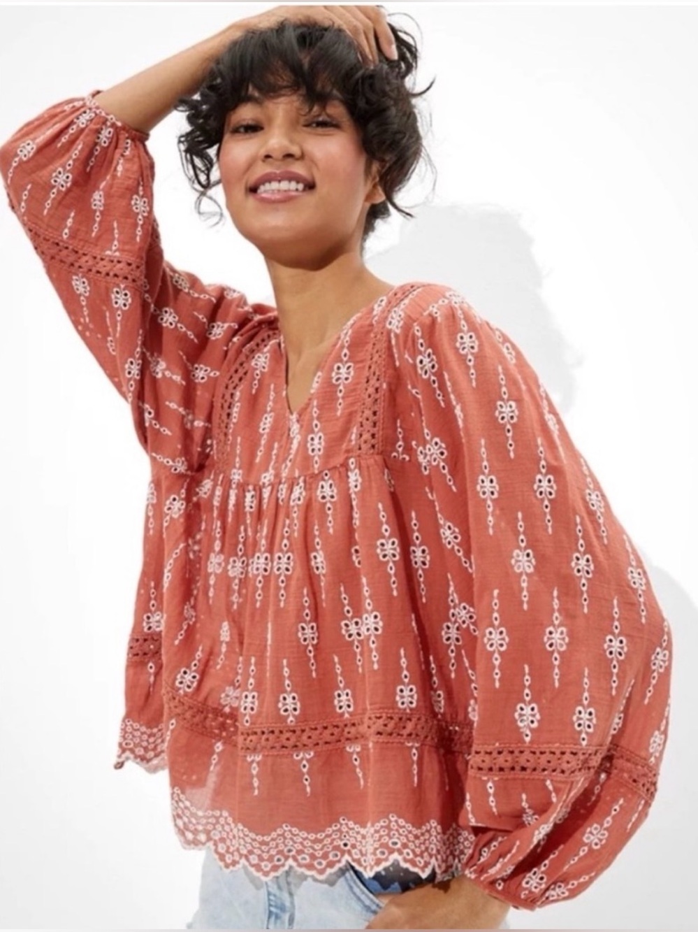 American Eagle 100% Cotton Terracotta Rust Boho Embroidered Peasant Blouse - M